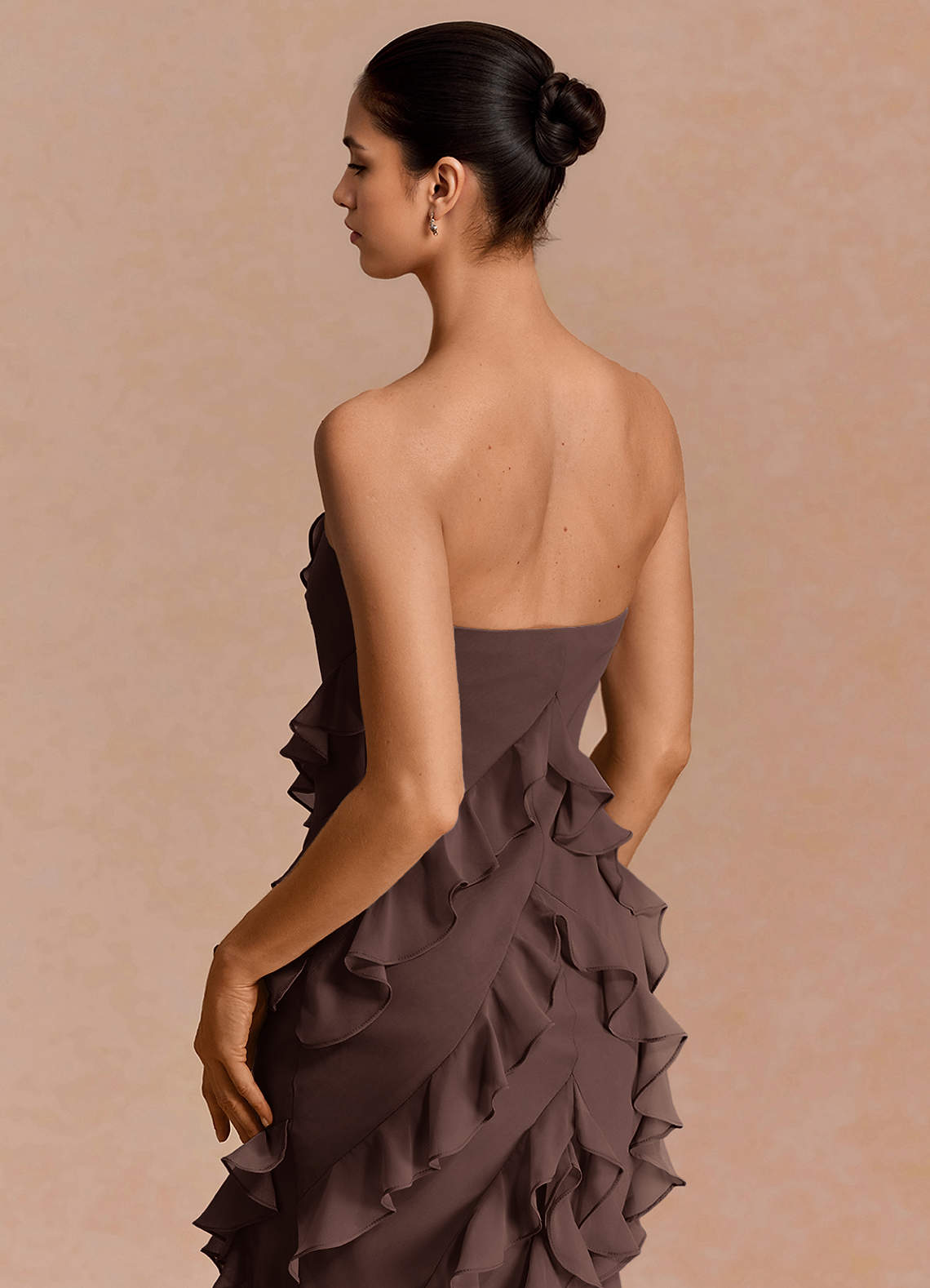 Eira A-Line Ruffle Chiffon Evening Dress in Truffle