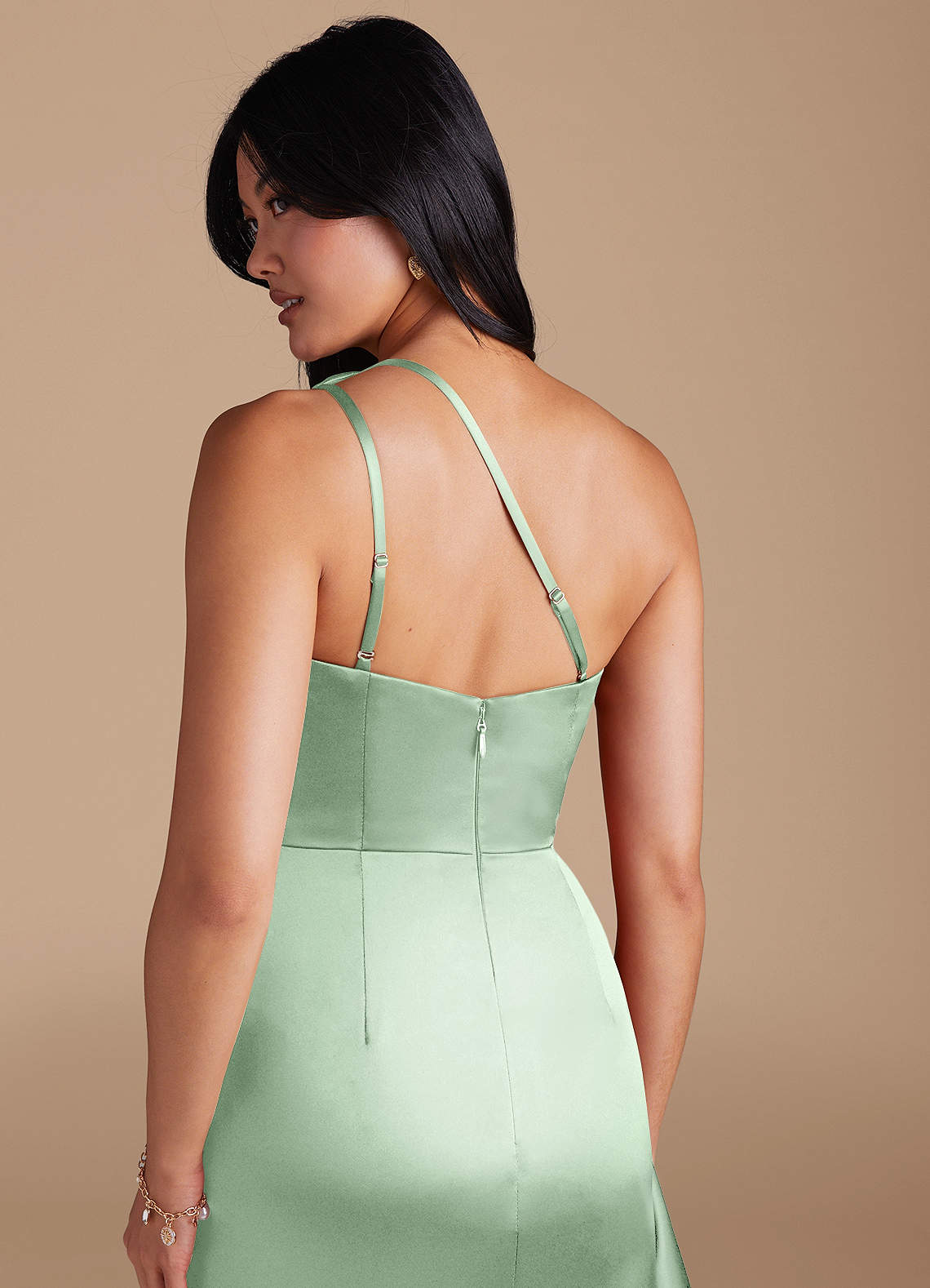 Latrice Sheath One-Shoulder Metallic Satin Bridesmaid Dress in Matcha