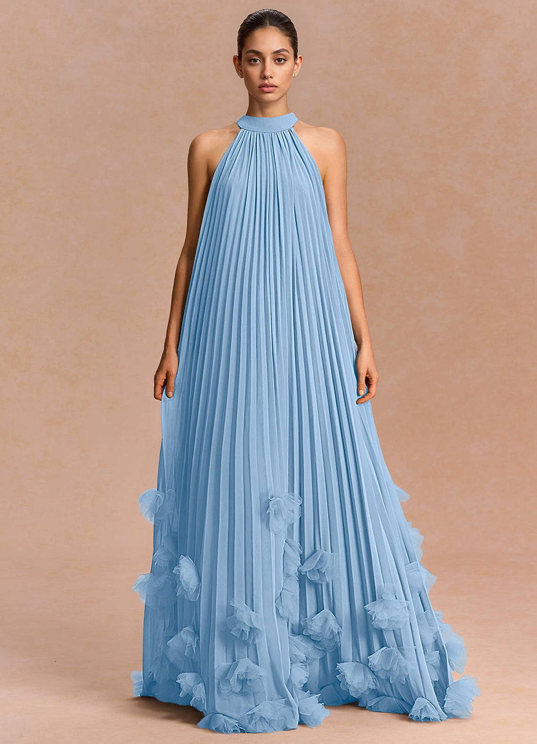 Lucette A-Line Halter Chiffon Evening Dress in Haze blue