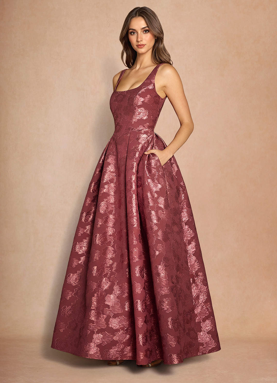Briac A-Line Scoop-Neck Fil Coupé Evening Dress in Vintage Rose