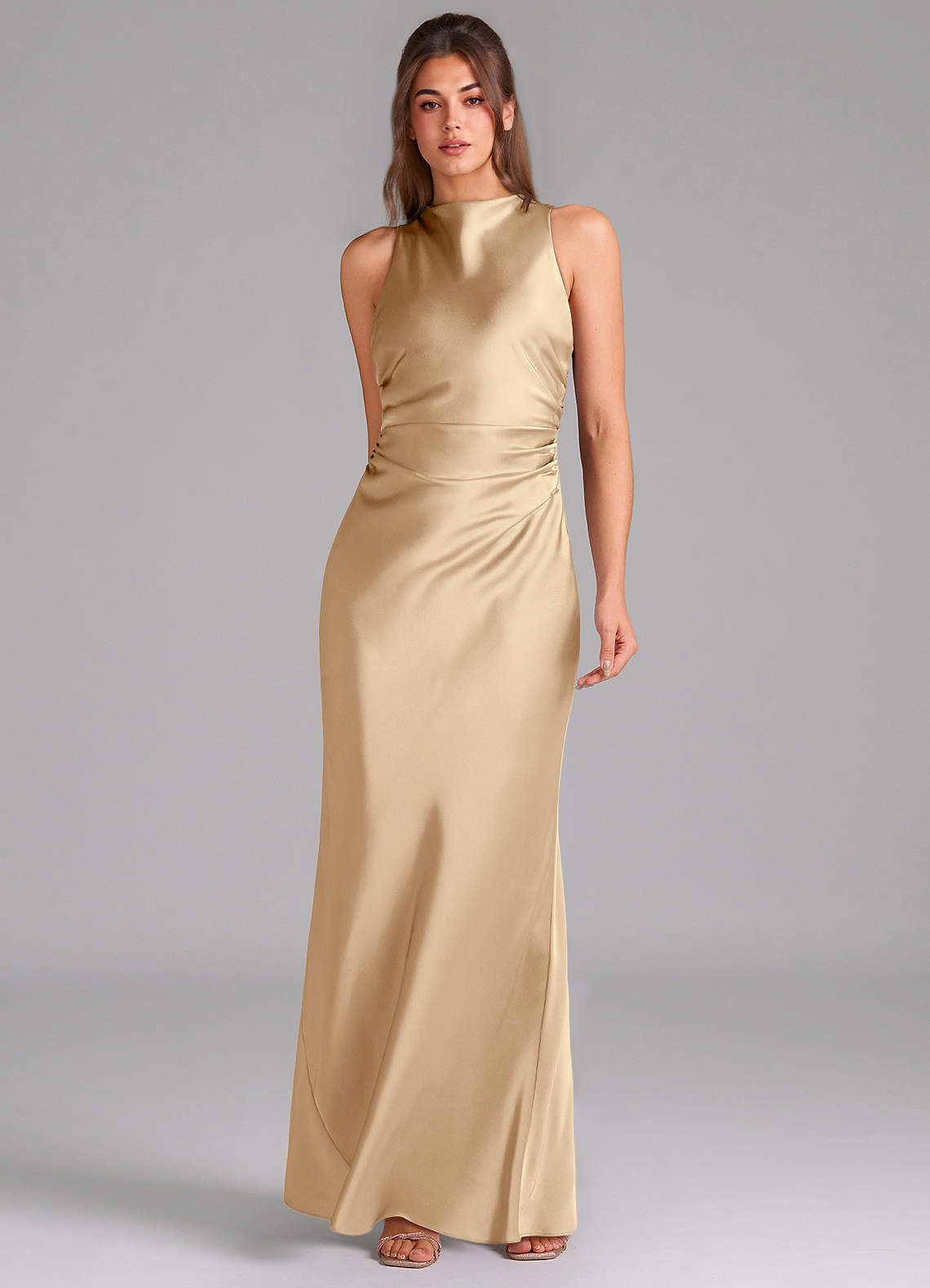 Evadne Sheath Scoop-Neck Stretch Satin Bridesmaid Dress in Champagne