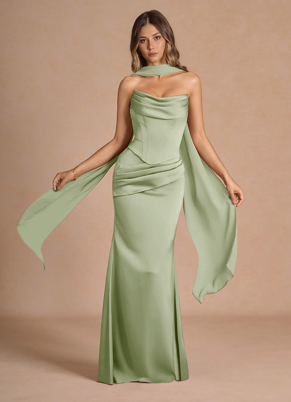 Sorrel Mermaid Corset Stretch Satin Evening Set in Haze Pink