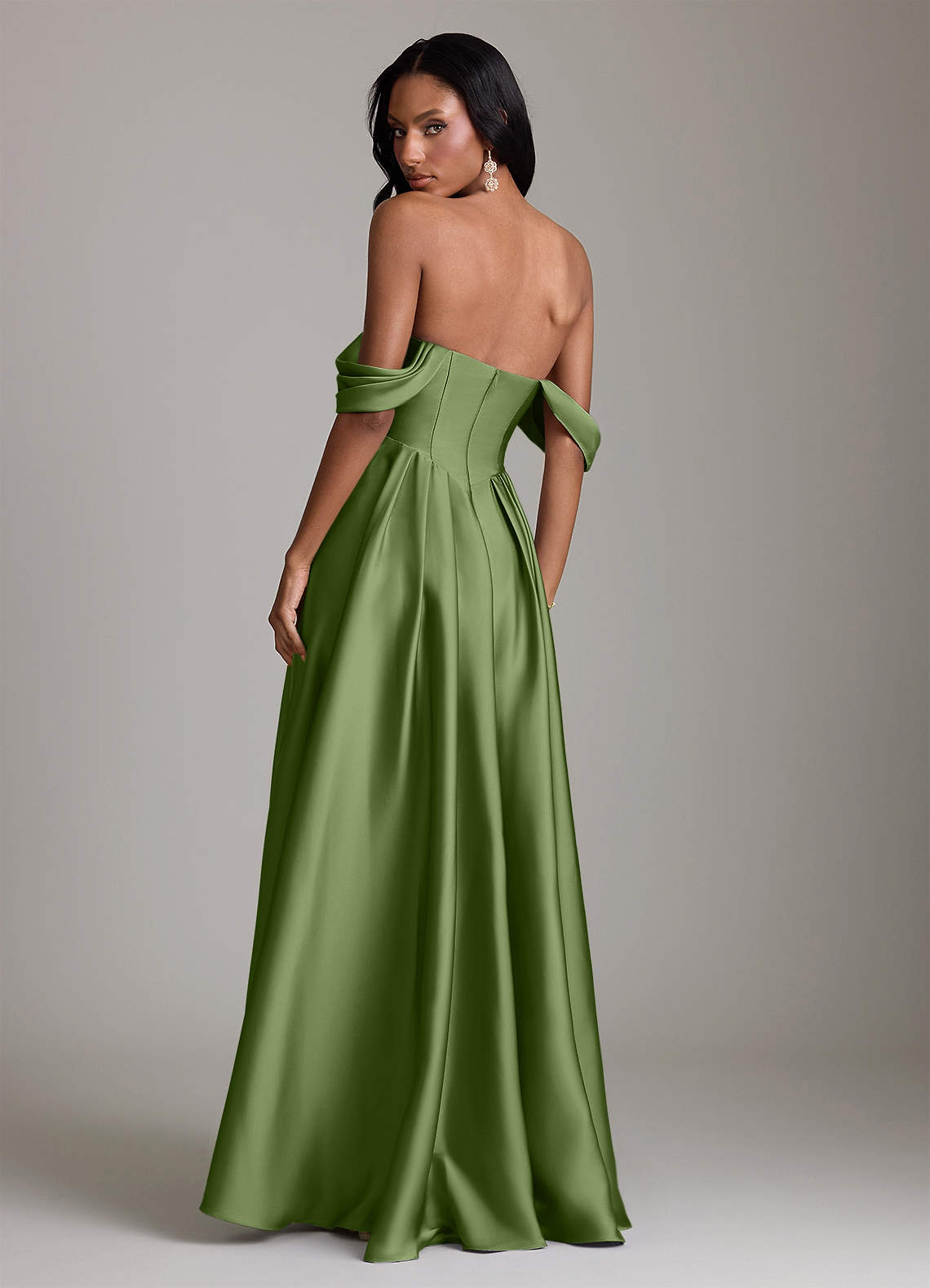 Loisa A-Line Off-the-Shoulder Stretch Satin Bridesmaid Dress in Juniper
