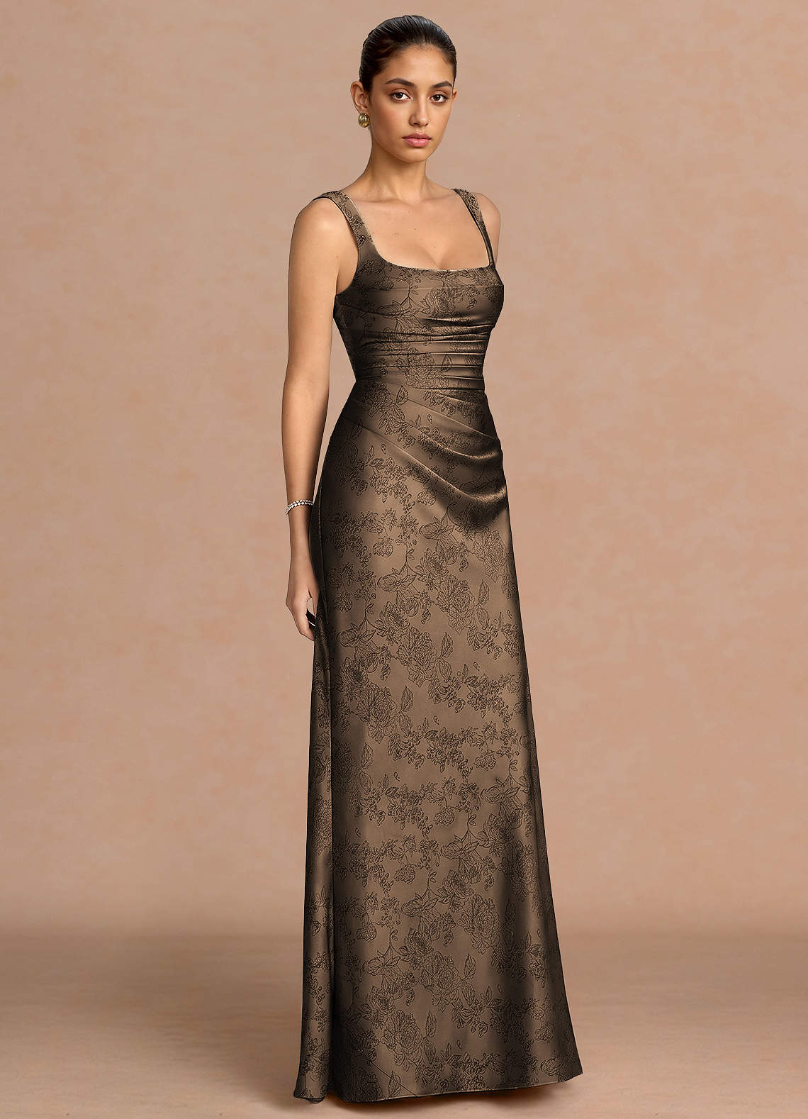 Agustina Square-Neck Pleated Jacquard Evening Dress in Coffee Brown