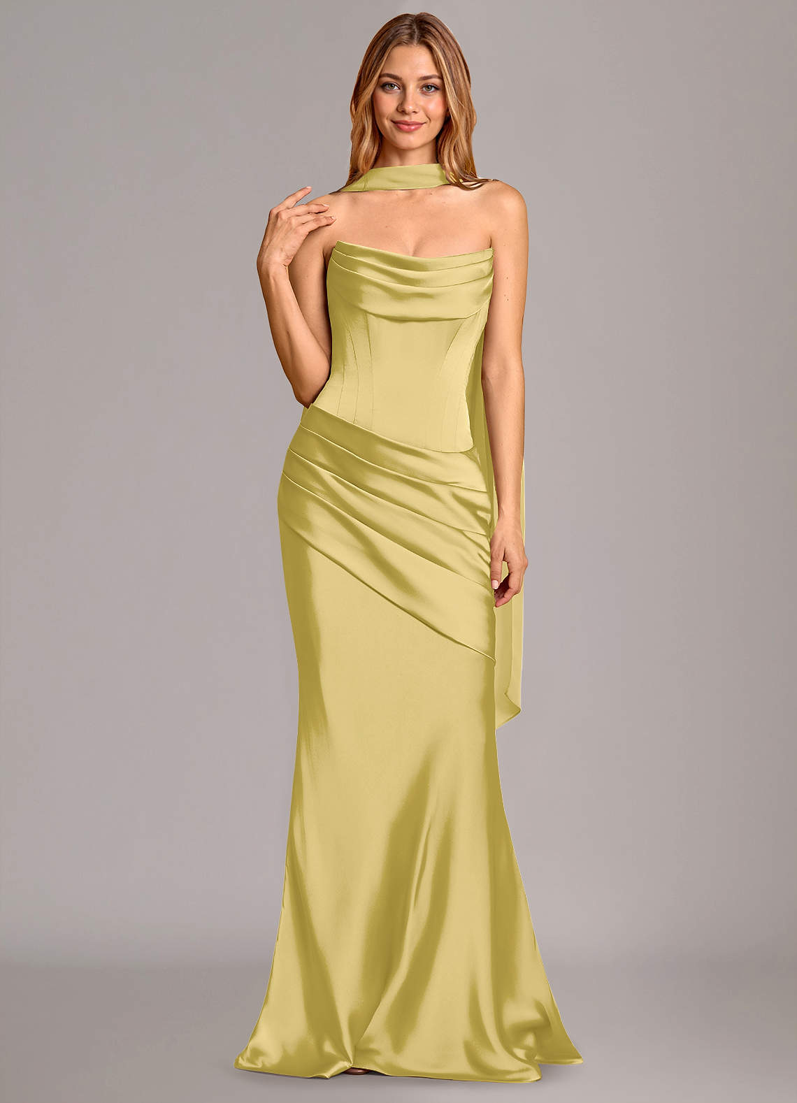 Pelagia Mermaid Cowl-Neck Stretch Satin Bridesmaid Dress in Canary
