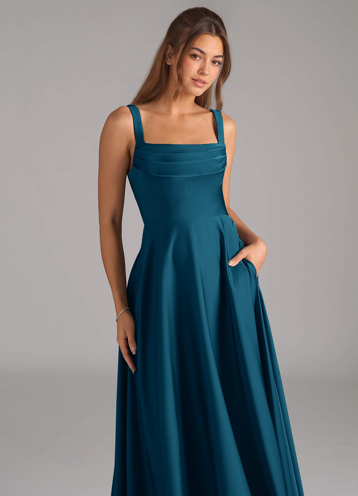 Shaude A-Line Square-Neck Stretch Satin Bridesmaid Dress in Ink Blue
