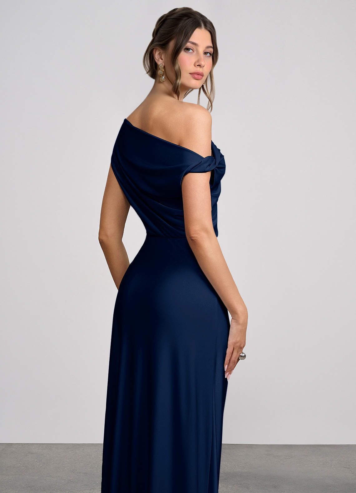 Elowen Mermaid One-Shoulder Glossy Knit Evening Dress in Navy