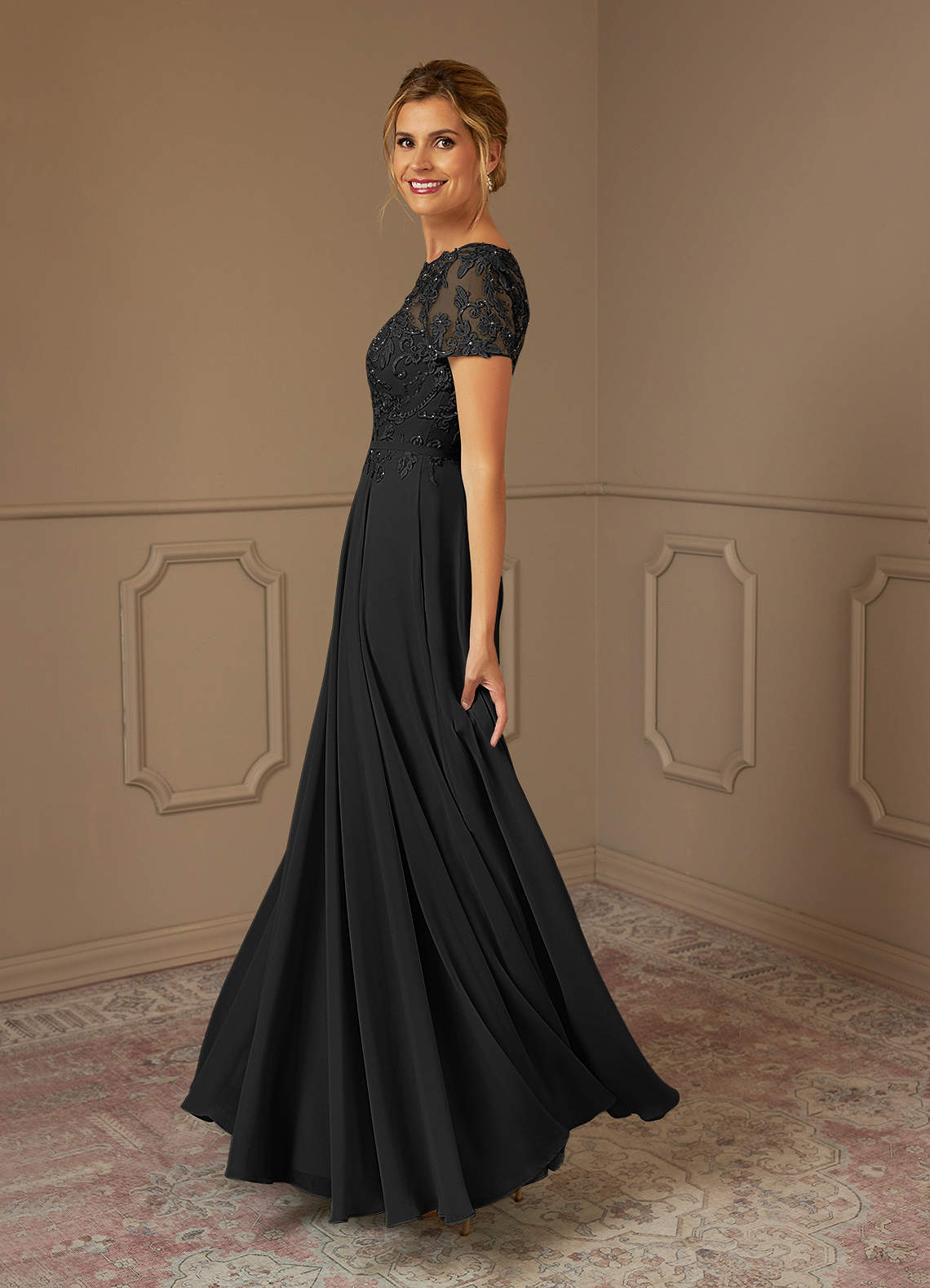 Adina A-Line Boat-Neck Chiffon Mother of the Bride Dress in black