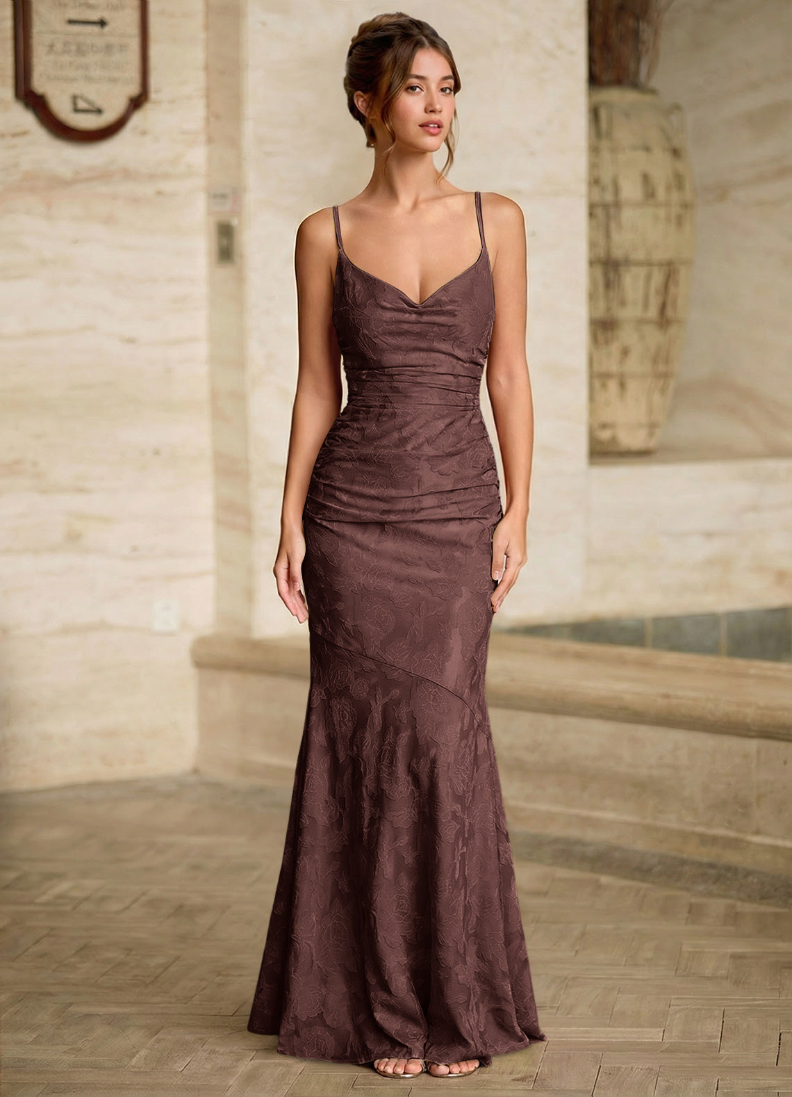 Leahenmo Mermaid Cowl-Neck Floral Burnout Prom Dress in Mocha Coco