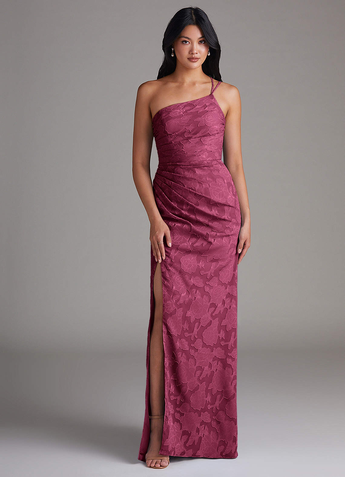 Eren Sheath One-Shoulder Floral Burnout Bridesmaid Dress in Mulberry