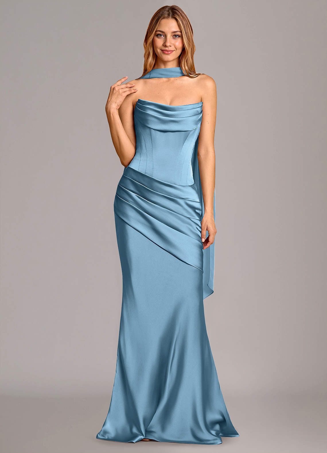 Pelagia Mermaid Cowl-Neck Stretch Satin Bridesmaid Dress in Steel Blue