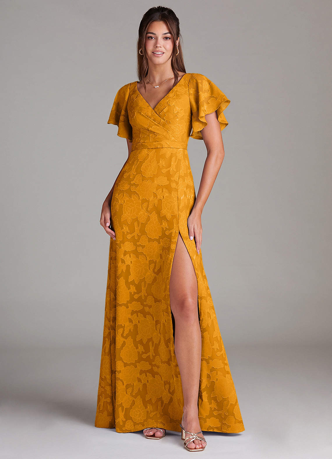 Ambrosia A-Line V-Neck Floral Burnout Bridesmaid Dress in butterscotch