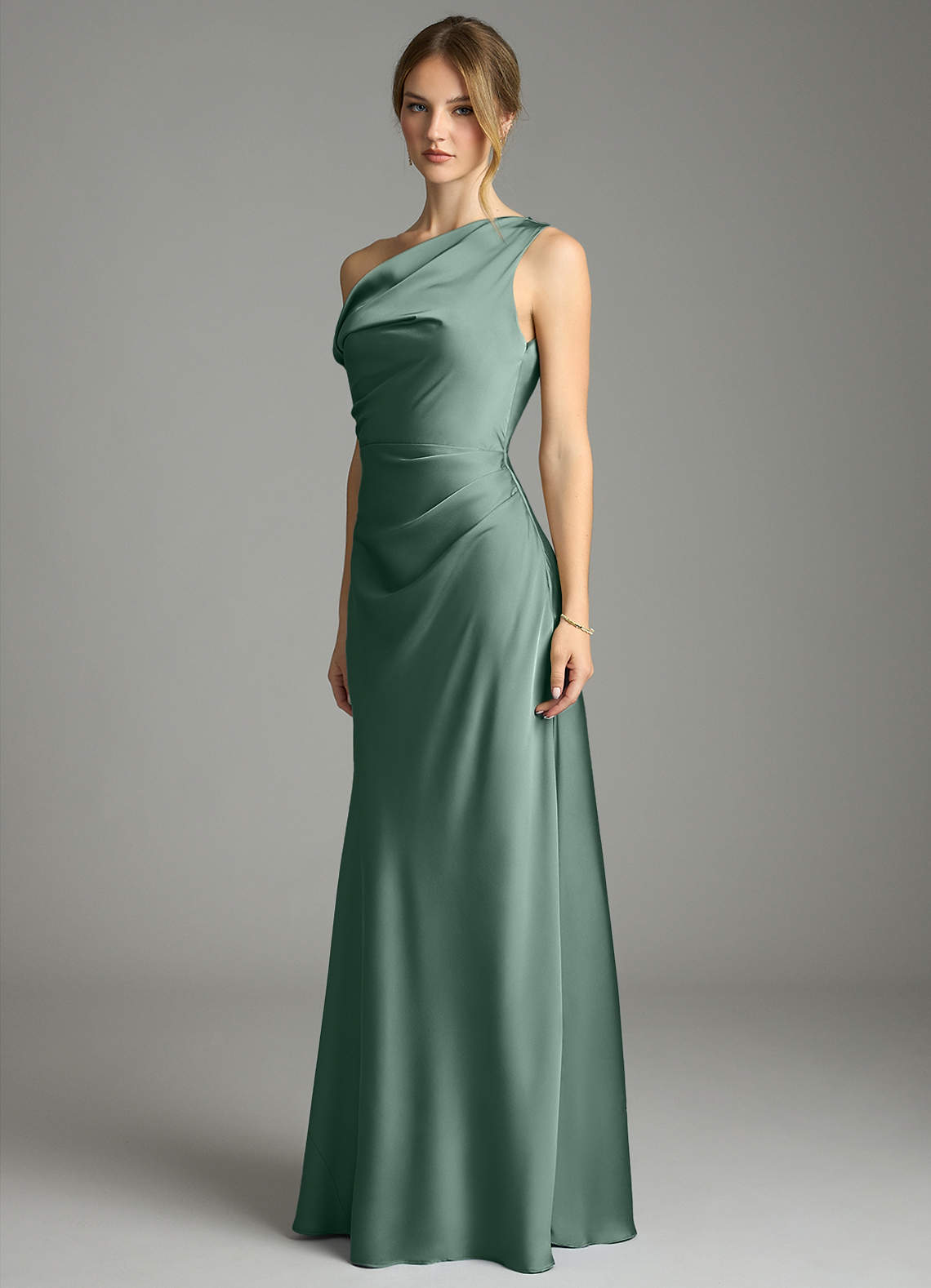 Emerson Mermaid One-Shoulder Stretch Satin Bridesmaid Dress in Eucalyptus