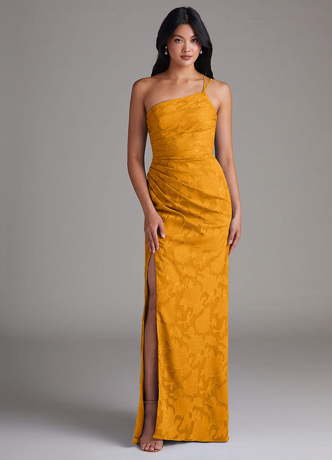 Eren Sheath One-Shoulder Floral Burnout Bridesmaid Dress in butterscotch