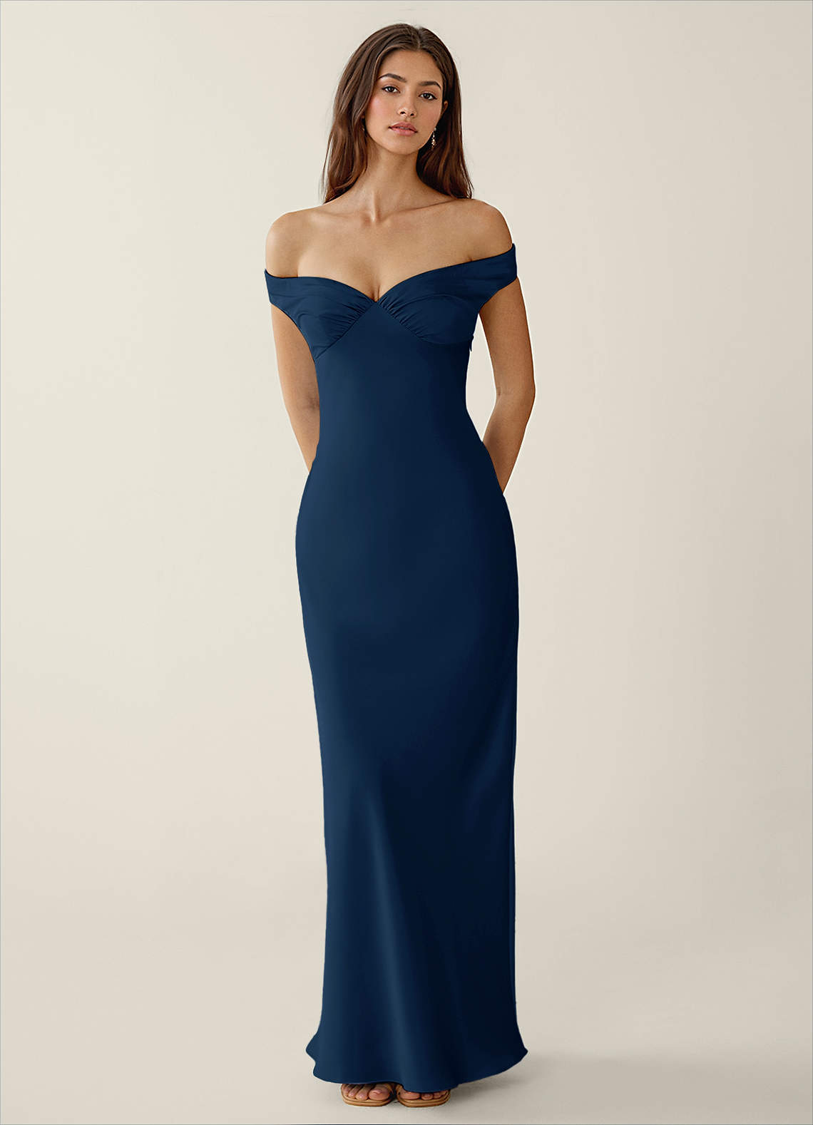 Gwendonme Sheath Off-the-Shoulder Satin Crystal Linen Evening Dress in Navy