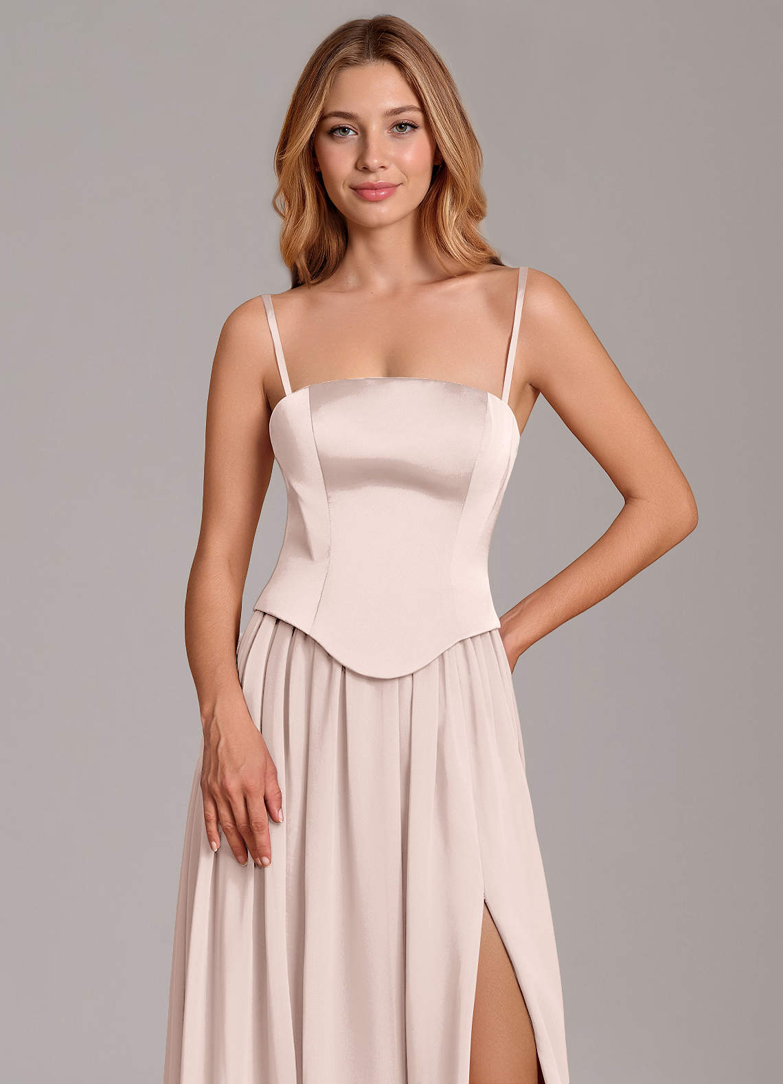 Cadence A-Line Strapless Chiffon and Stretch Satin Bridesmaid Dress in Blushing Pink