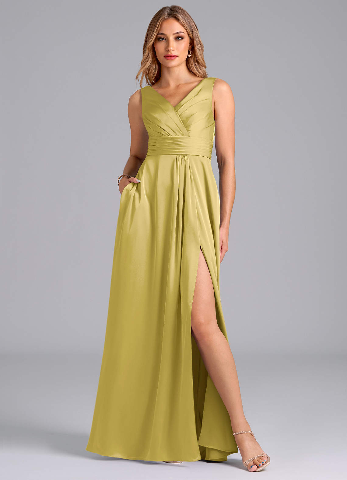 Karina A-Line V-Neck Stretch Satin Bridesmaid Dress in Canary