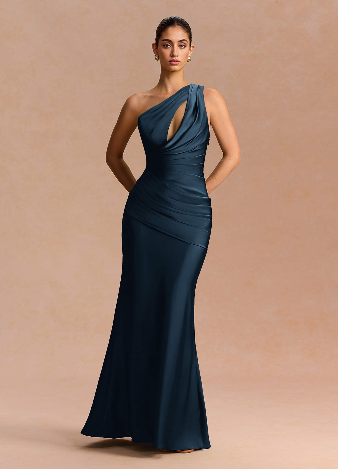 Guinevere One-Shoulder Cutout Stretch Satin Evening Dress in Dusty Blue