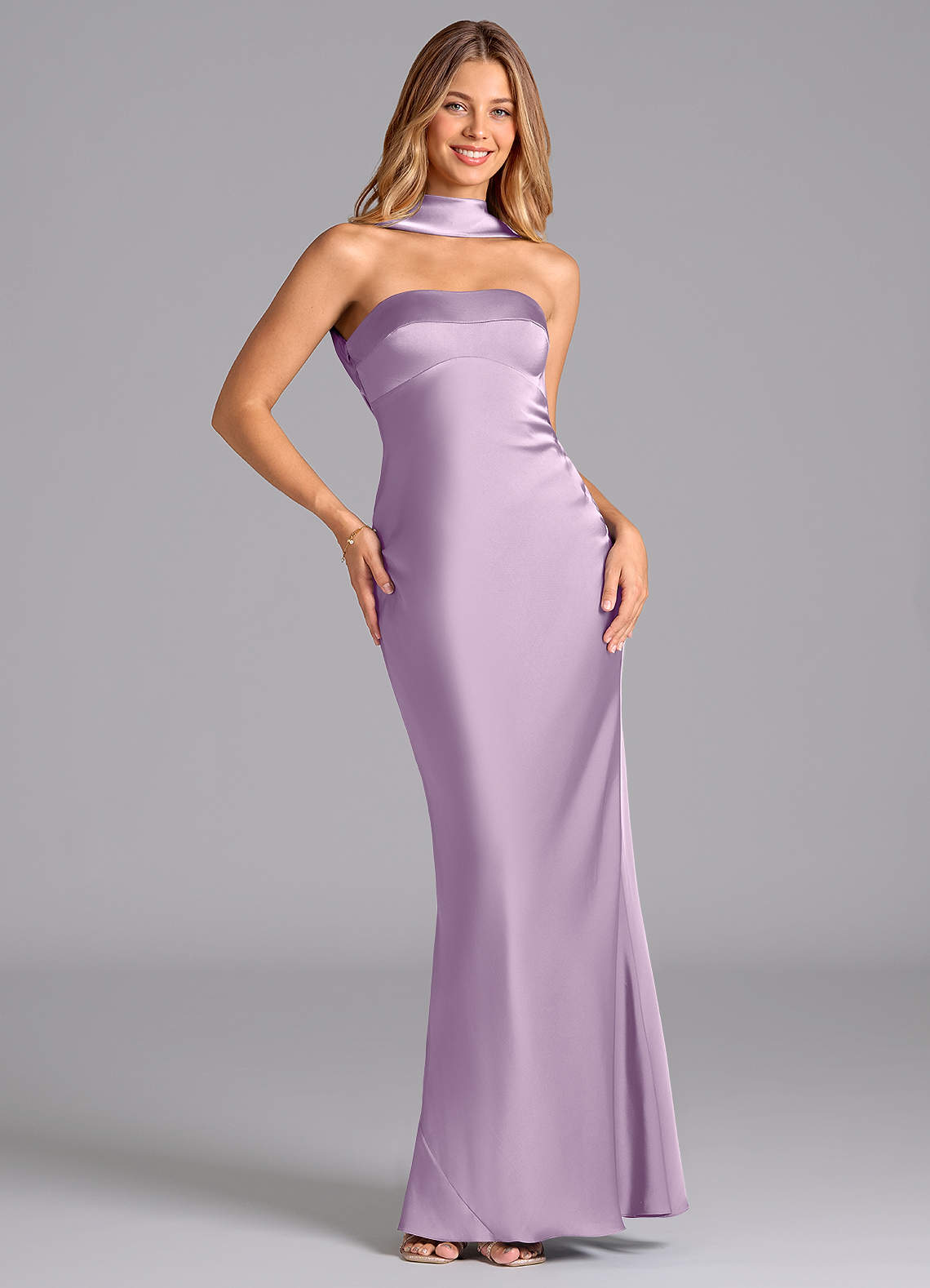 Lusinda Mermaid Strapless Stretch Satin Bridesmaid Dress in Frosted Lilac