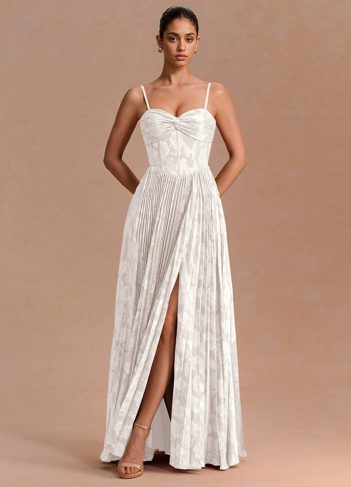 Delfina A-Line Twisted-Bust Fil Coupé Evening Dress in White