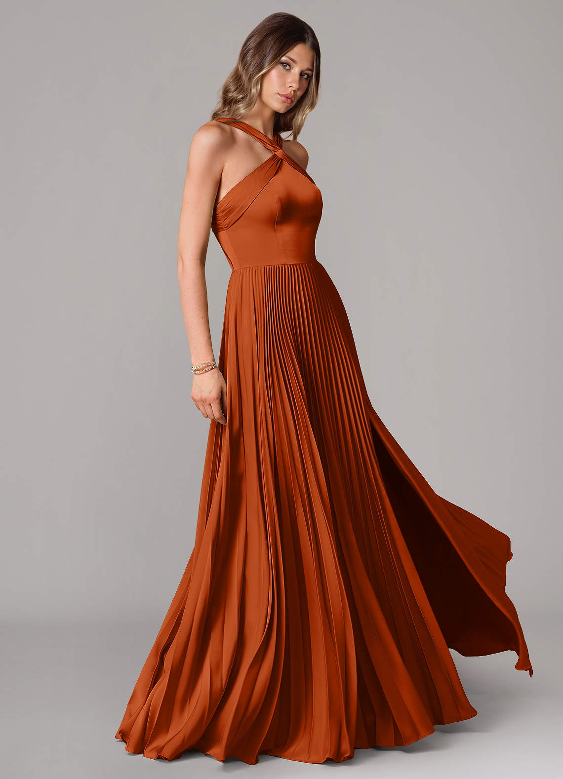 Afra A-Line Halter-Neck Stretch Satin Bridesmaid Dress in Burnt Orange