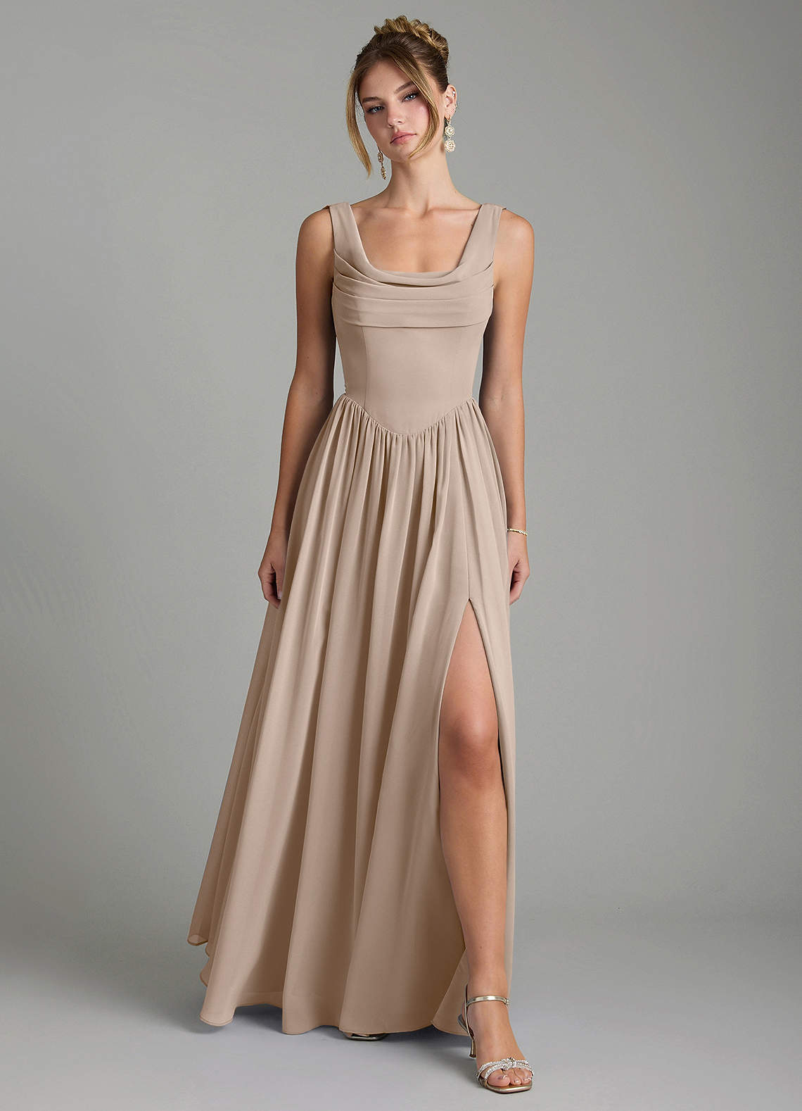 Novi A-Line Square-Neck Chiffon Bridesmaid Dress in Taupe