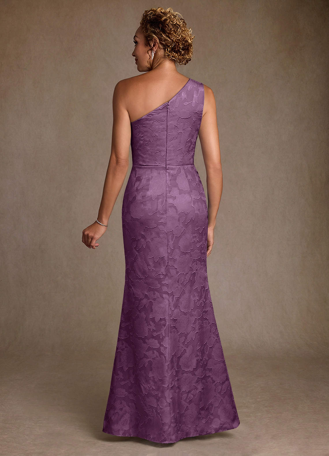 Joylin Trumpet One-Shoulder Floral Burnout Mother of the Bride Dress in Wisteria