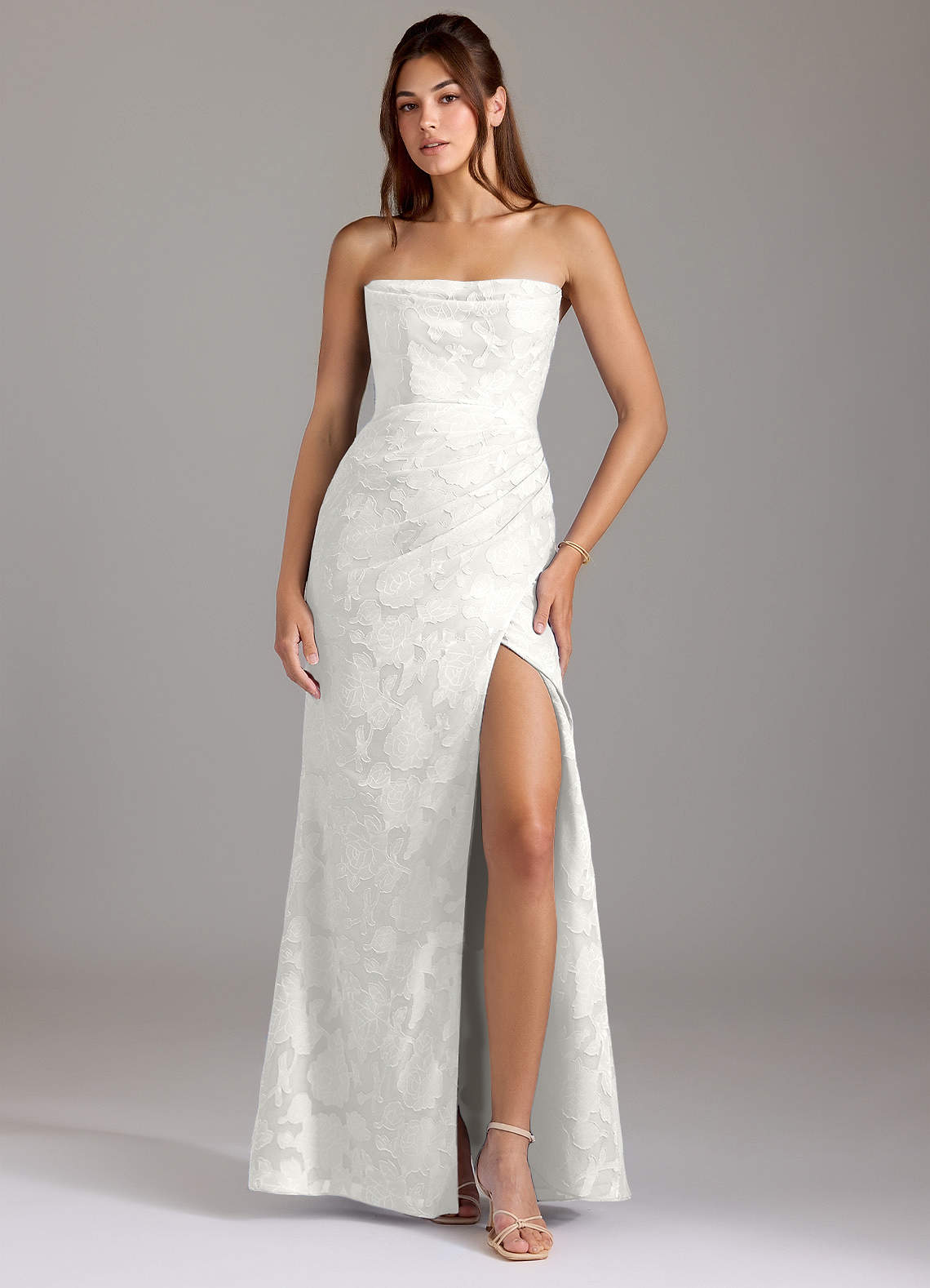 Leonis Sheath Strapless Floral Burnout Bridesmaid Dress in white