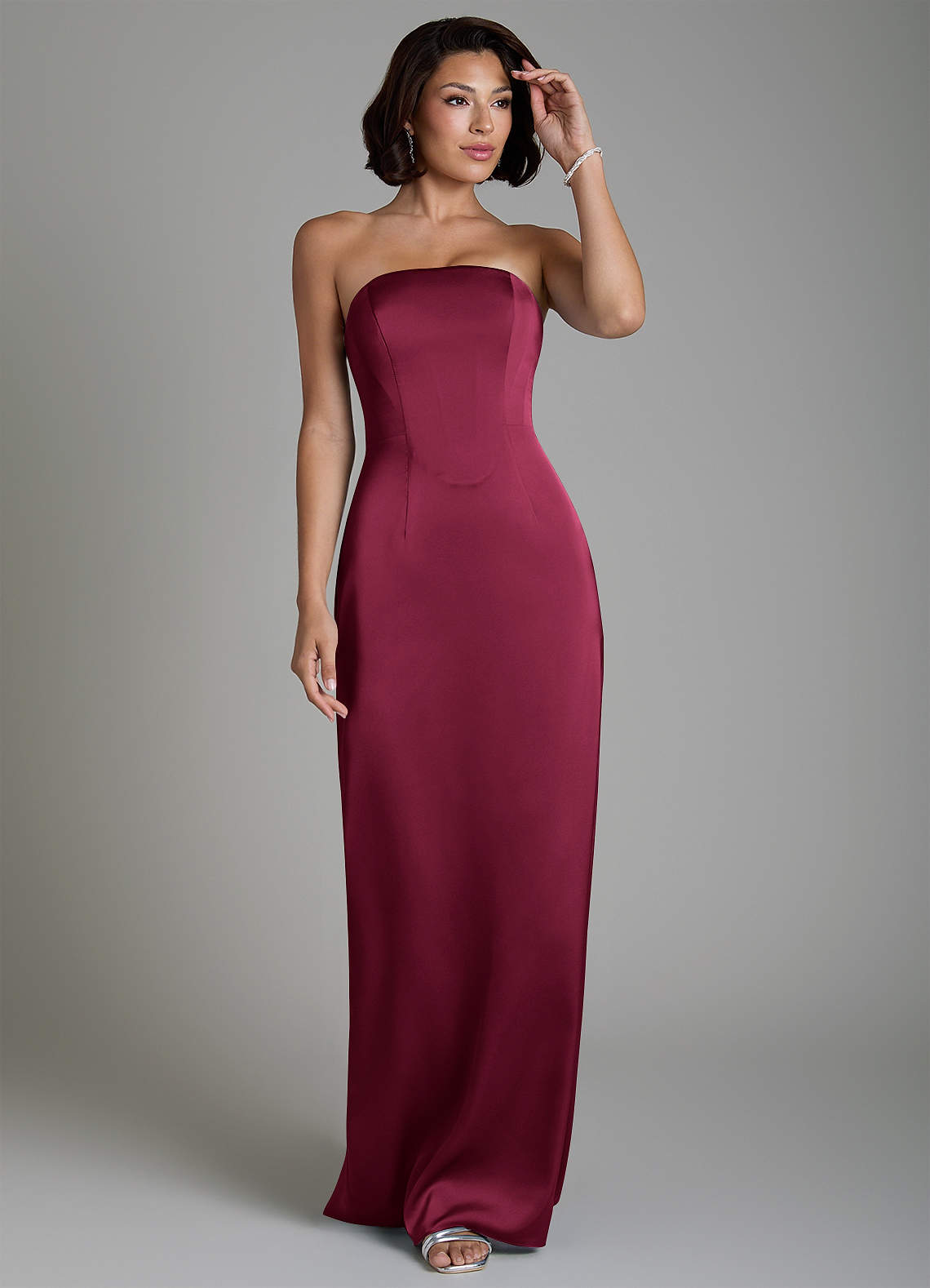 Fallyn Sheath Strapless Stretch Satin Bridesmaid Dress in Burgundy
