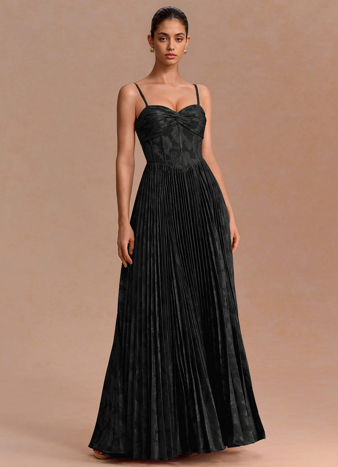 Delfina A-Line Twisted-Bust Fil Coupé Evening Dress in Black