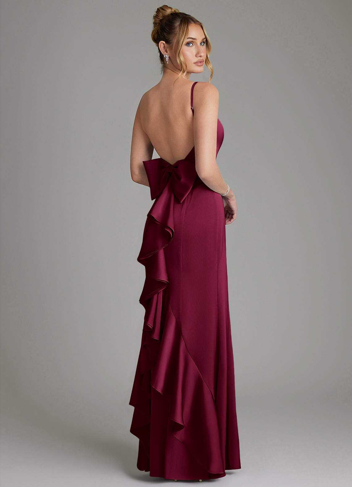 Zherra Mermaid Scoop-Neck Stretch Satin Bridesmaid Dress in Burgundy