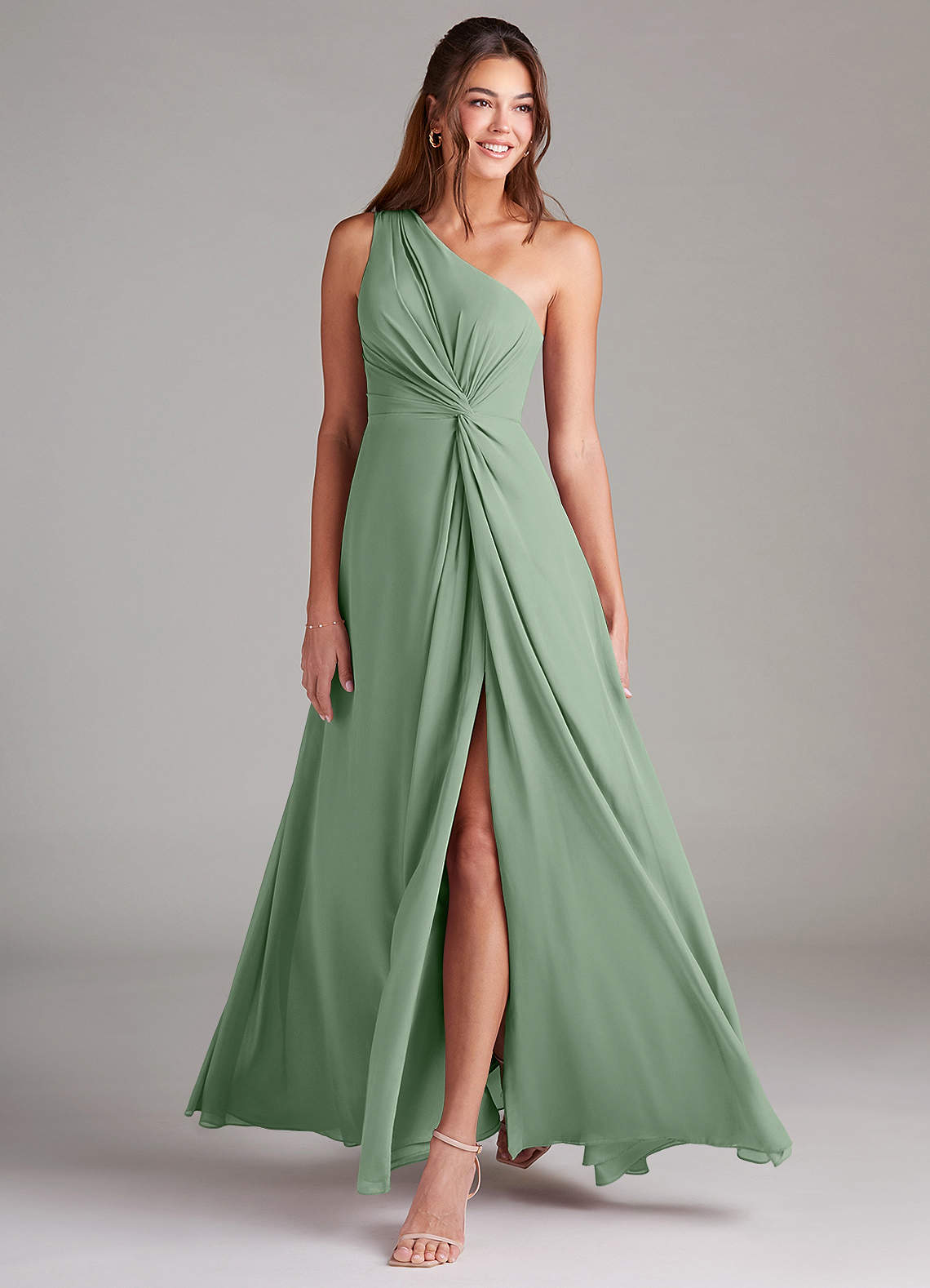 Brooke A-Line One-Shoulder Chiffon Bridesmaid Dress in Matcha
