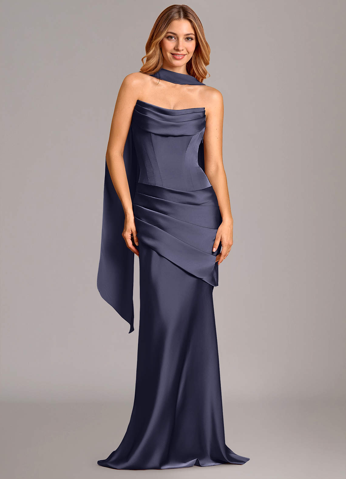 Pelagia Mermaid Cowl-Neck Stretch Satin Bridesmaid Dress in Stormy