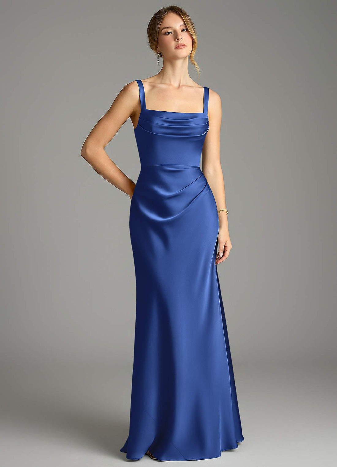 Alouette Mermaid Cowl-Neck Stretch Satin Bridesmaid Dress in Royal Blue
