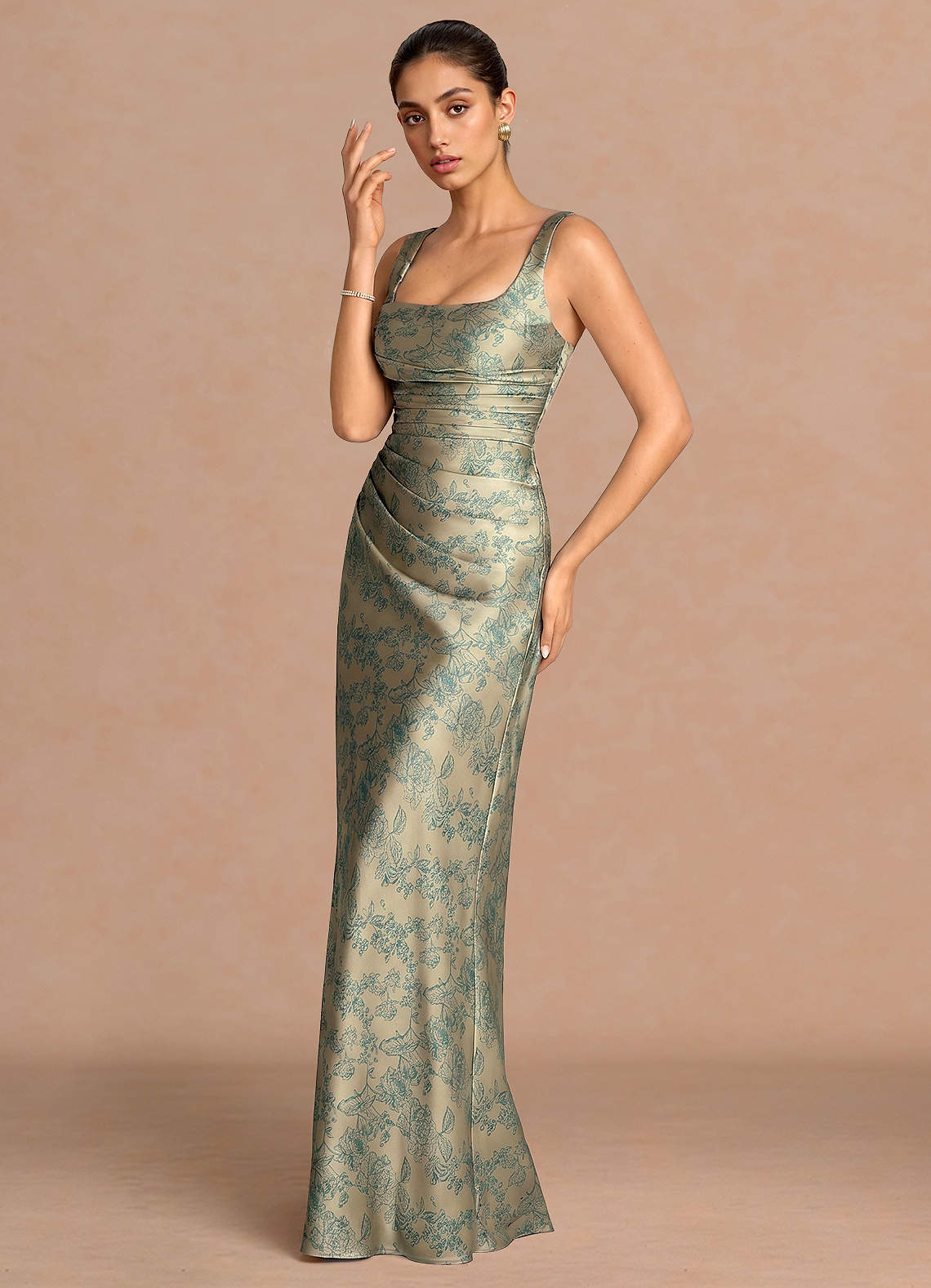 Agustina Square-Neck Pleated Jacquard Evening Dress in Platinum Teal