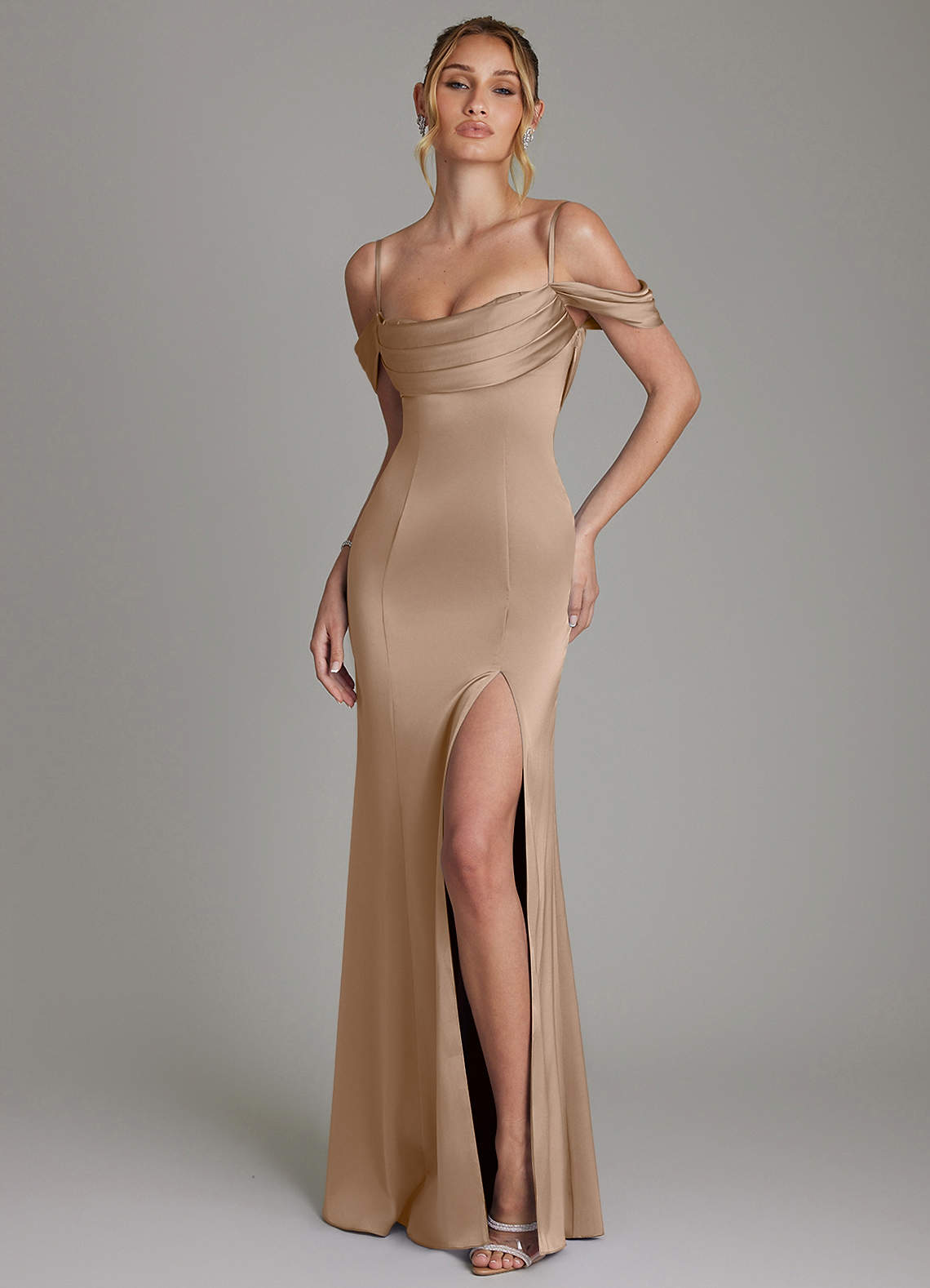 Nira Mermaid Sweetheart Stretch Satin Bridesmaid Dress in Taupe