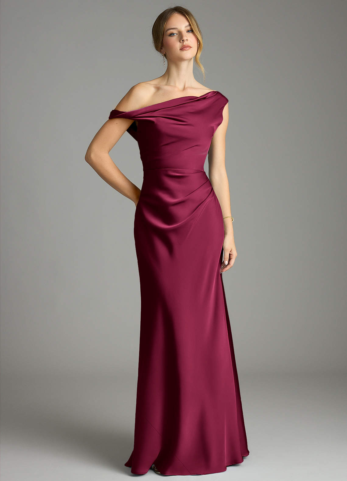 Emerson Mermaid One-Shoulder Stretch Satin Bridesmaid Dress in Burgundy