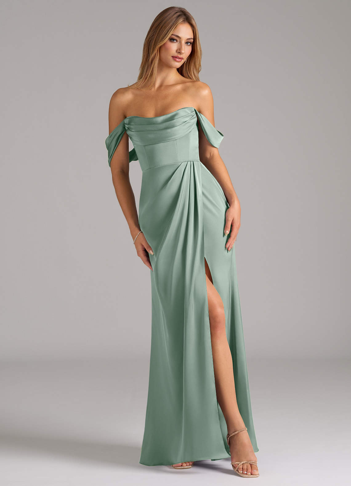 Johana Mermaid Off-the-Shoulder Stretch Satin Bridesmaid Dress in Agave