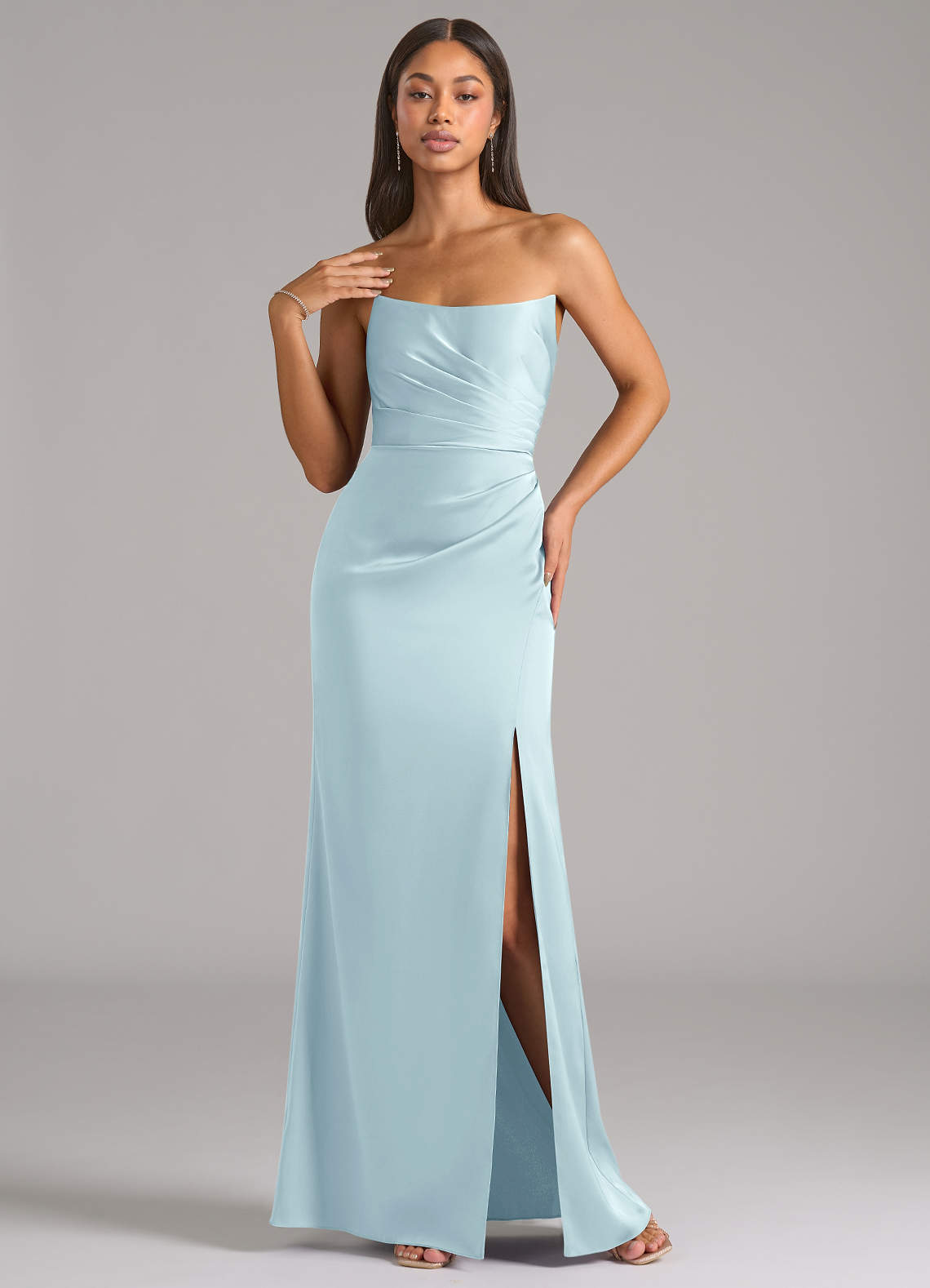 Marla Sheath Strapless Stretch Satin Bridesmaid Dress in Cloud Blue