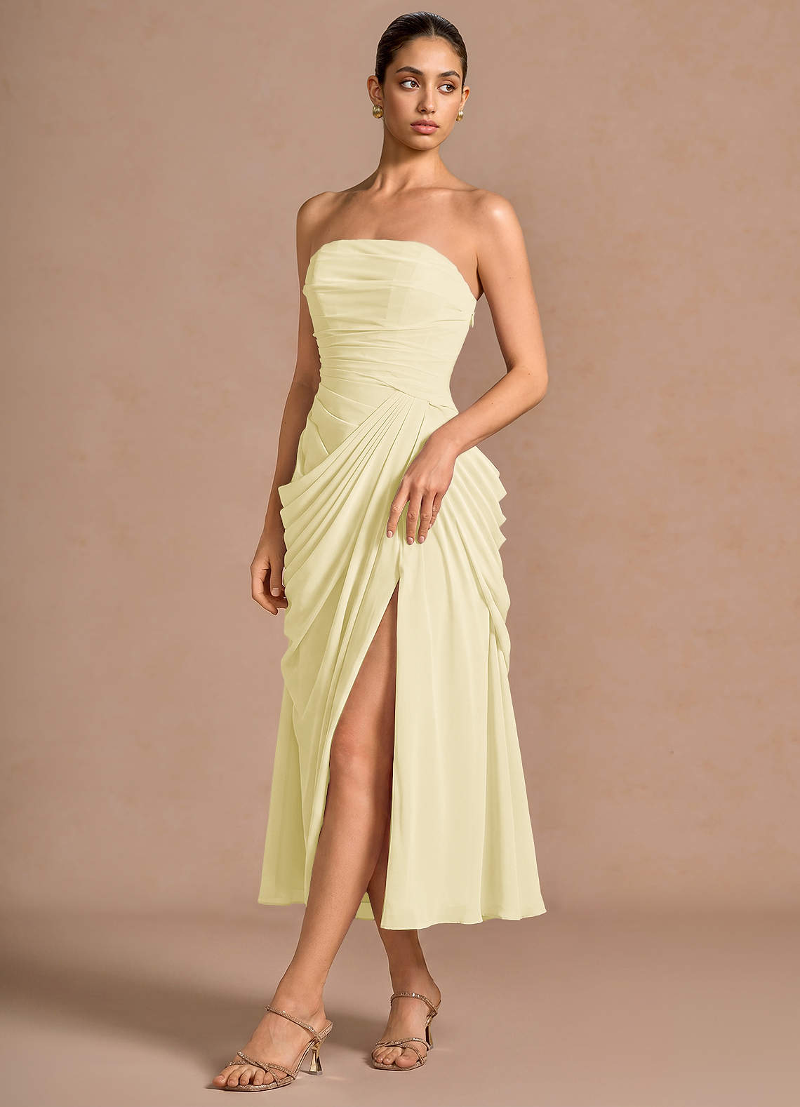 Kaavia Column Pleated Chiffon Midi Evening Dress in Butter Yellow