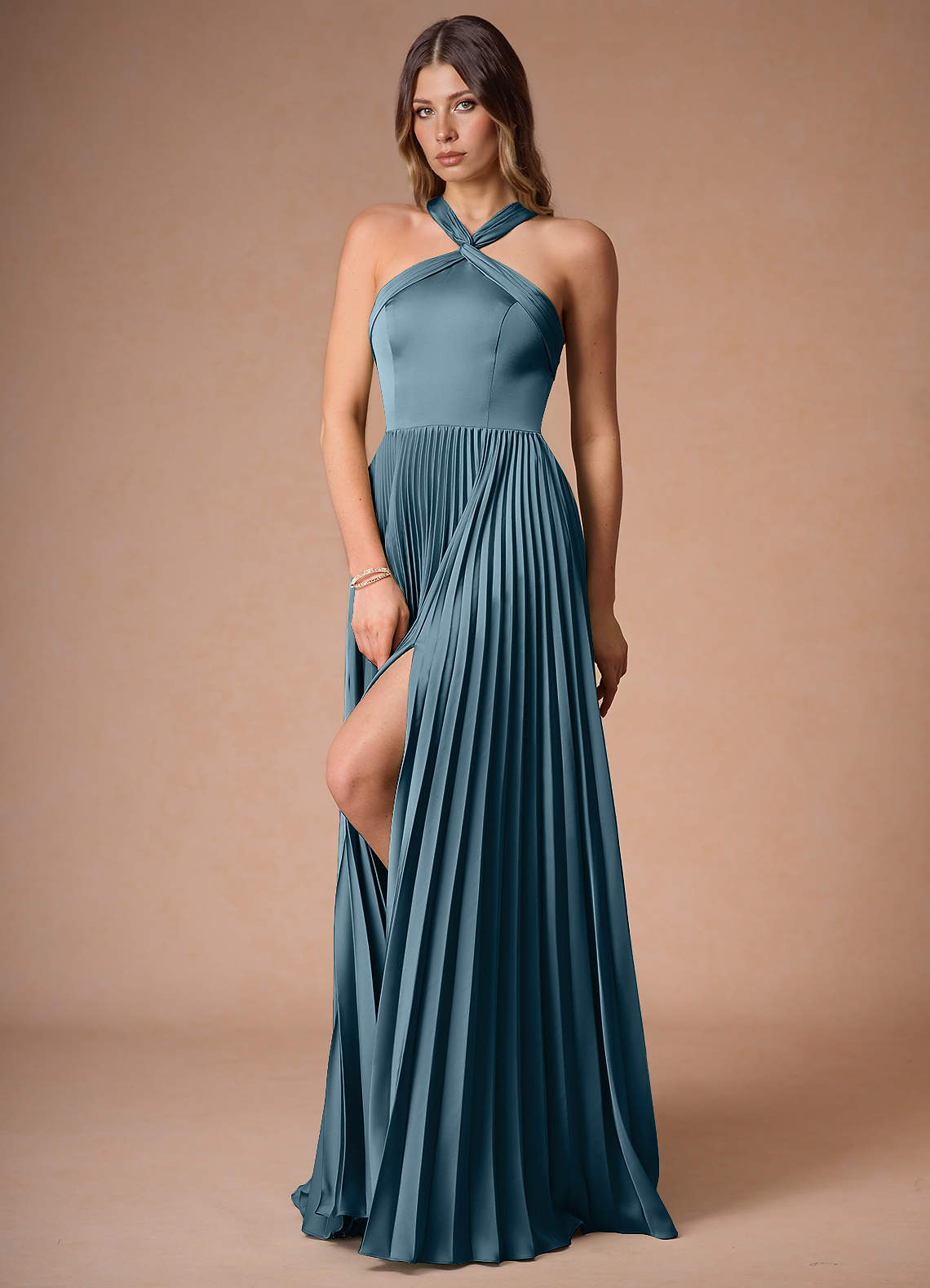 Afra A-Line Pleated Stretch Satin Wedding Guest Dress in Azure Blue