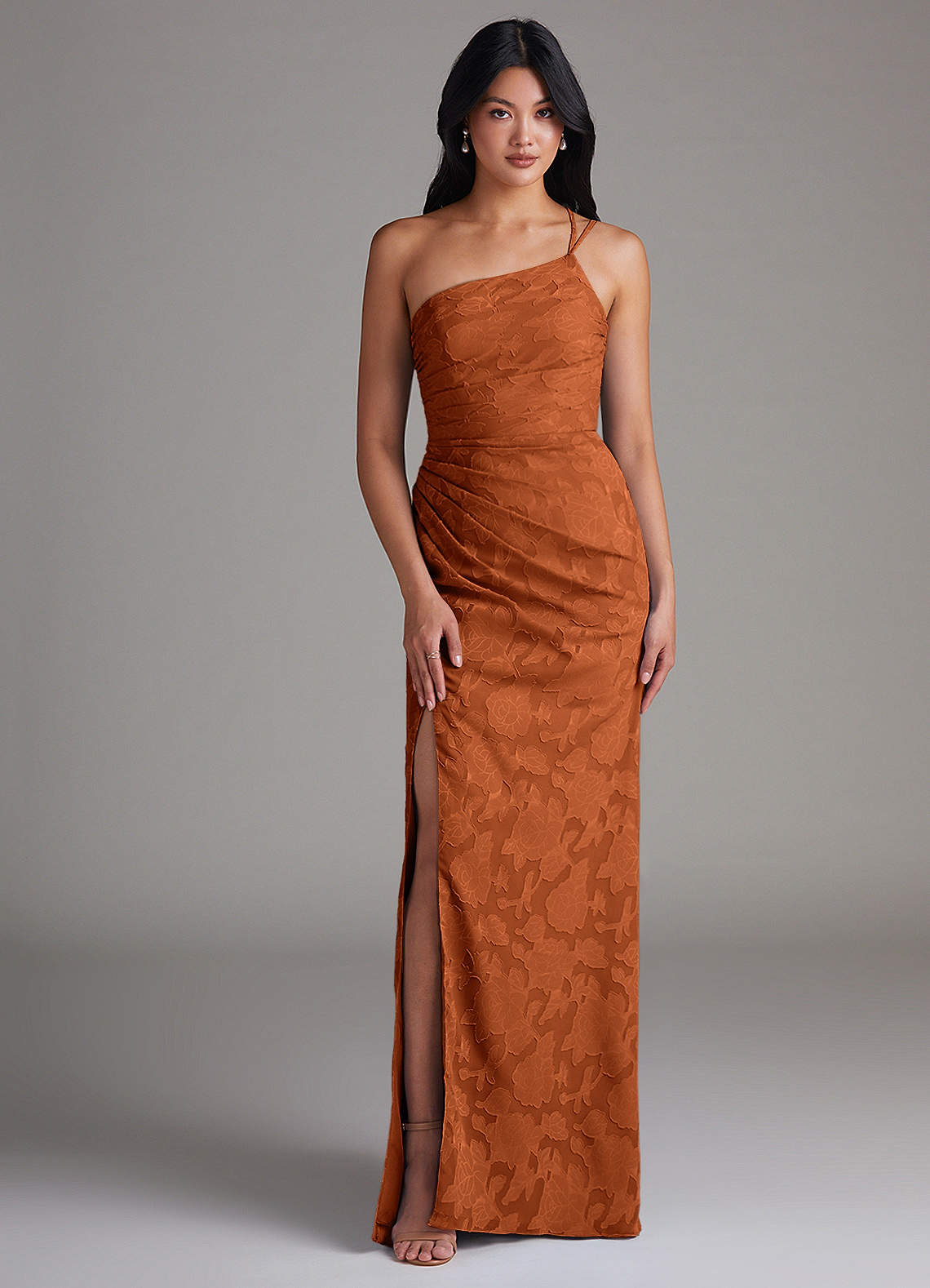 Eren Sheath One-Shoulder Floral Burnout Bridesmaid Dress in Burnt Orange