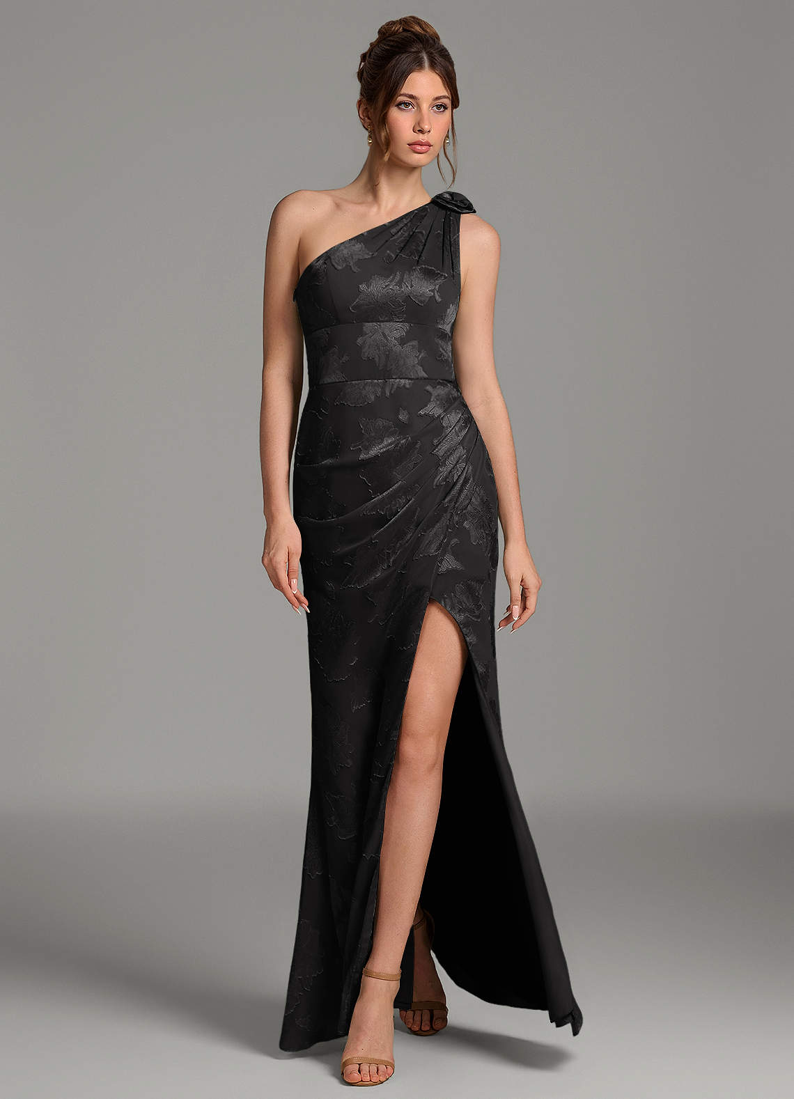 Yanie Mermaid One-Shoulder Jacquard Bridesmaid Dress in black
