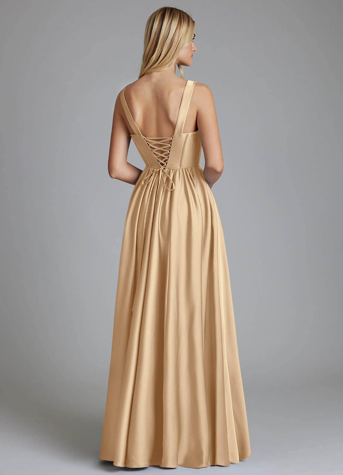 Delmie A-Line V-Neck Stretch Satin Bridesmaid Dress in Champagne