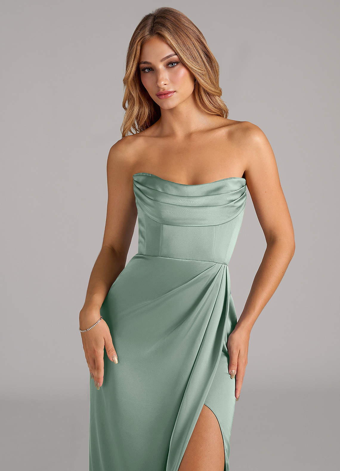 Johana Mermaid Off-the-Shoulder Stretch Satin Bridesmaid Dress in Agave