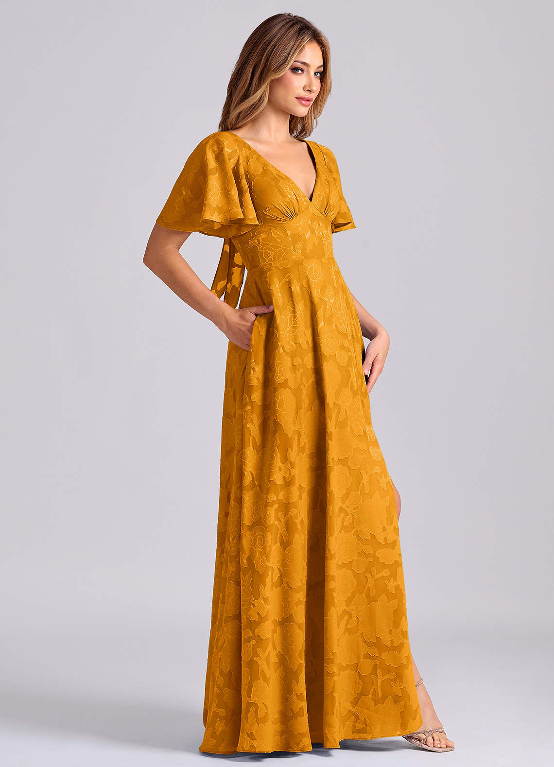 Kimber A-Line V-Neck Floral Burnout Bridesmaid Dress in butterscotch