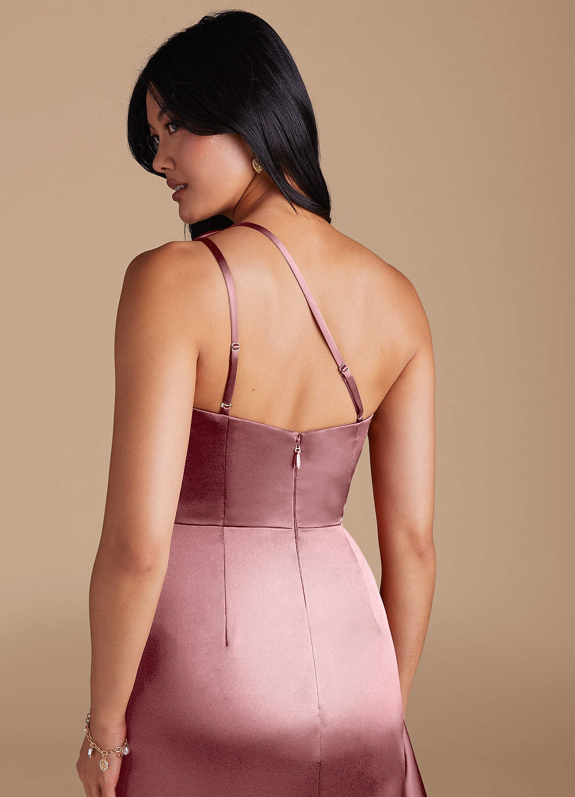 Latrice Sheath One-Shoulder Metallic Satin Bridesmaid Dress in Vintage Mauve