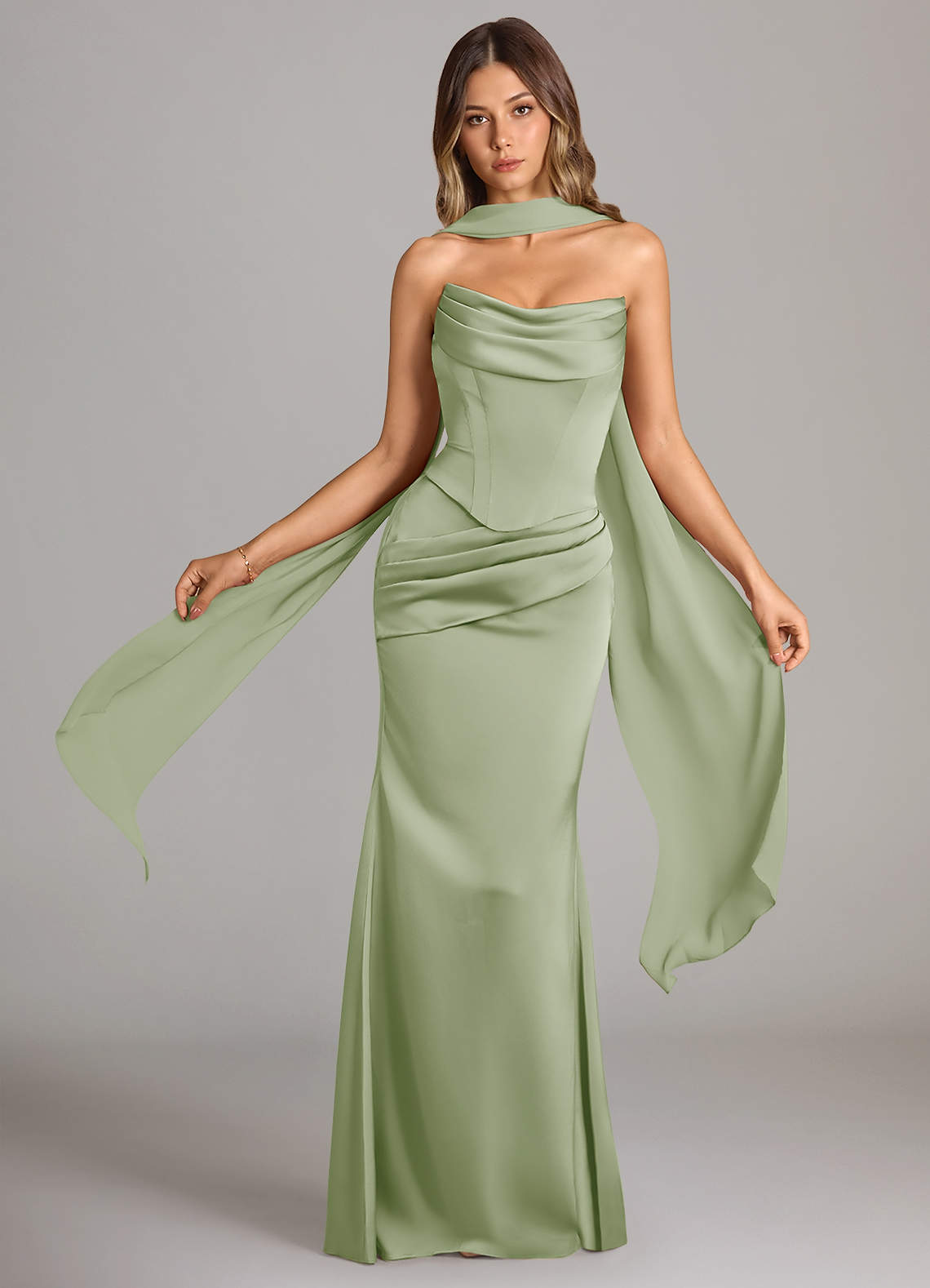 Sorrel Mermaid Cowl-Neck Stretch Satin and Chiffon Bridesmaid Dress in Dusty Sage