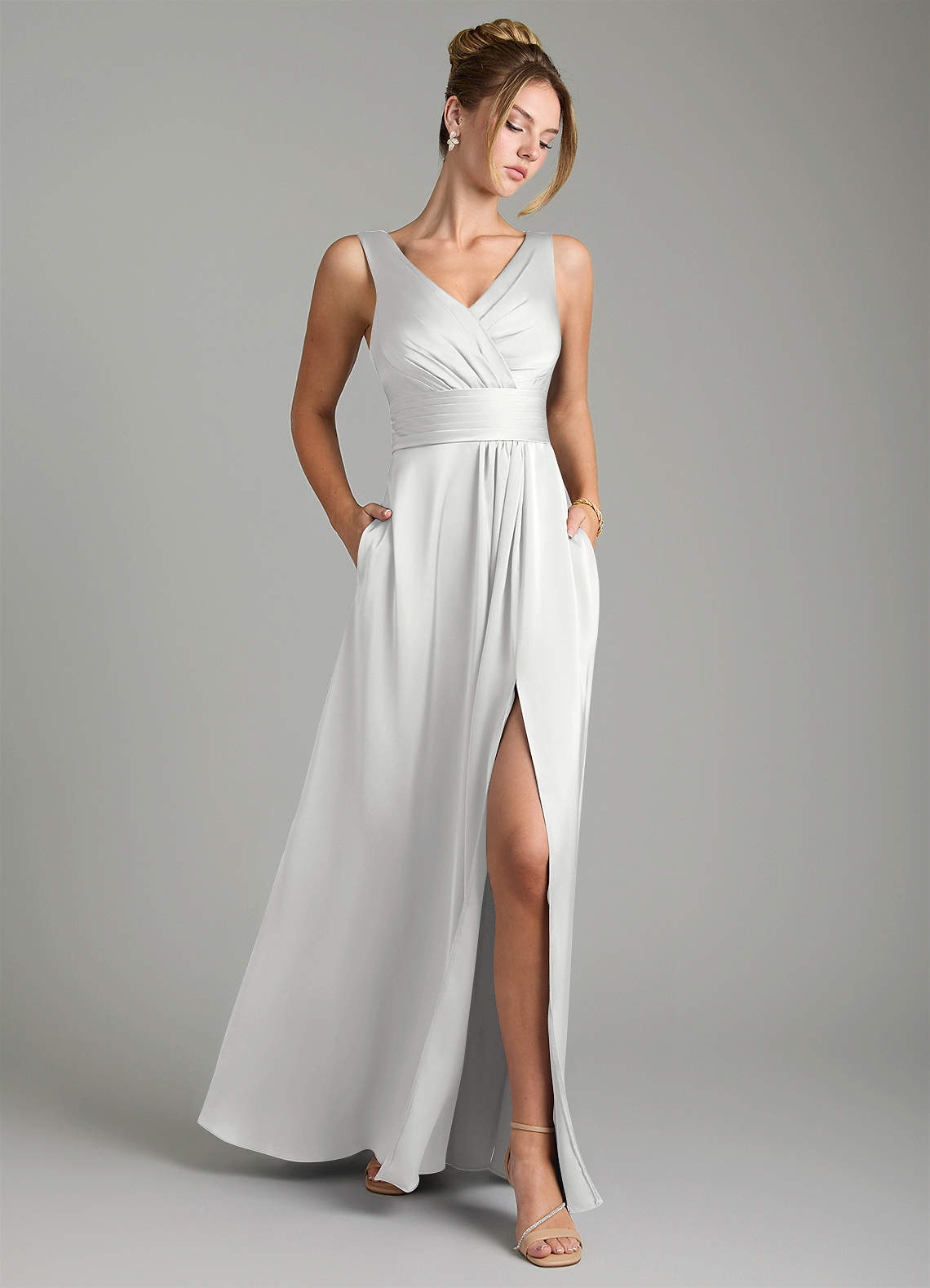 Karina A-Line V-Neck Stretch Satin Bridesmaid Dress in white