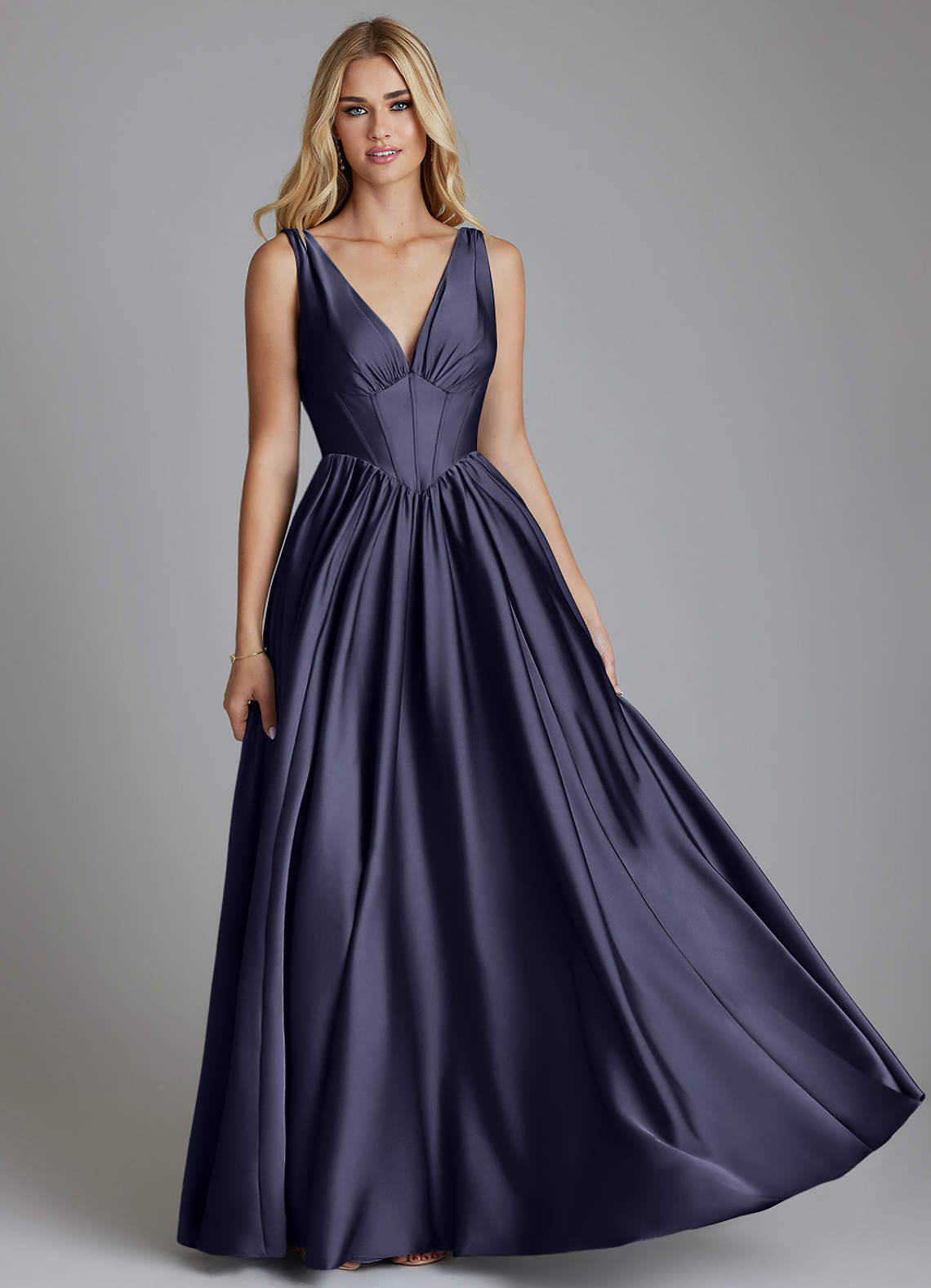 Delmie A-Line V-Neck Stretch Satin Bridesmaid Dress in Stormy